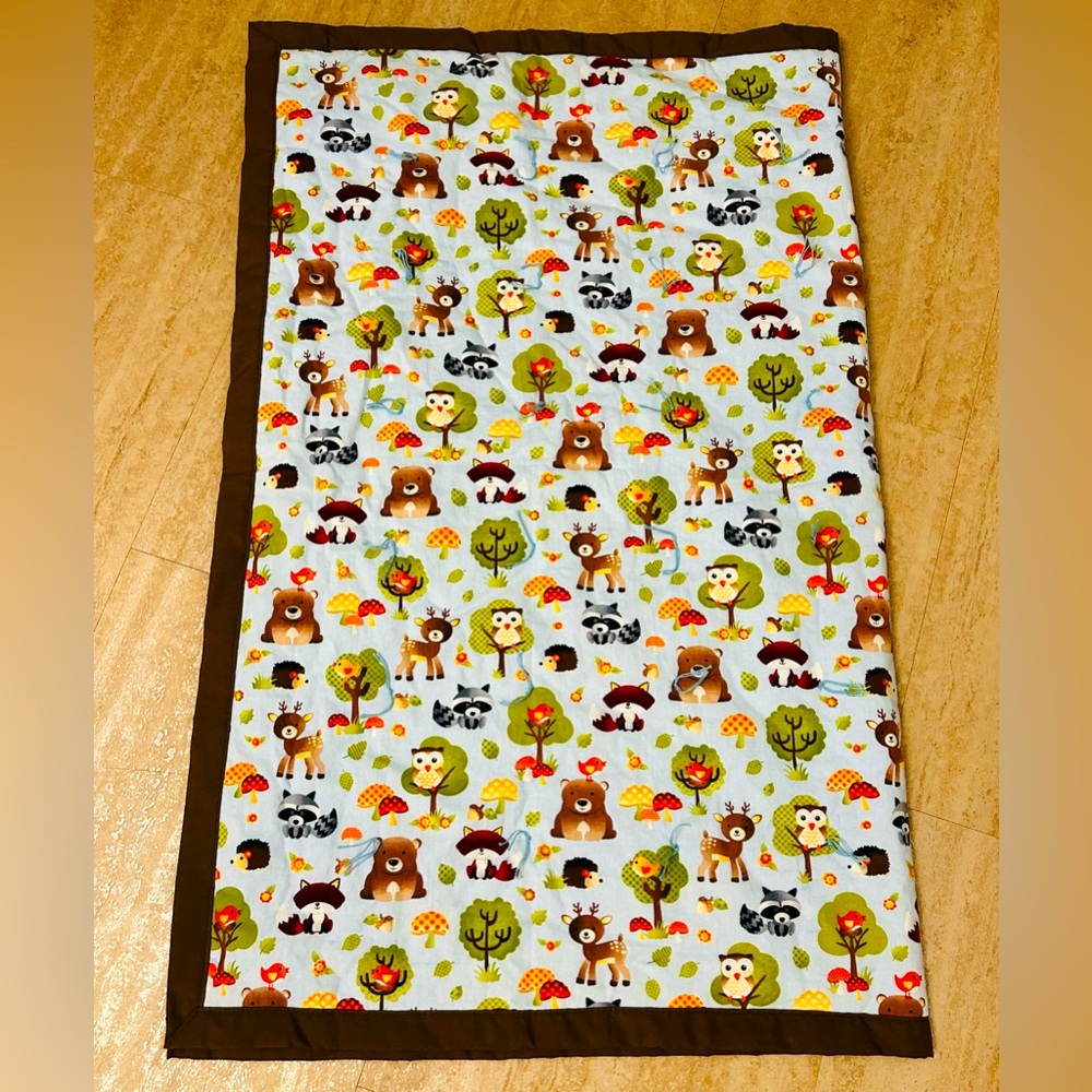 Homemade Baby Blanket “Forest Friends” backing brown fabric/ trim 42x34